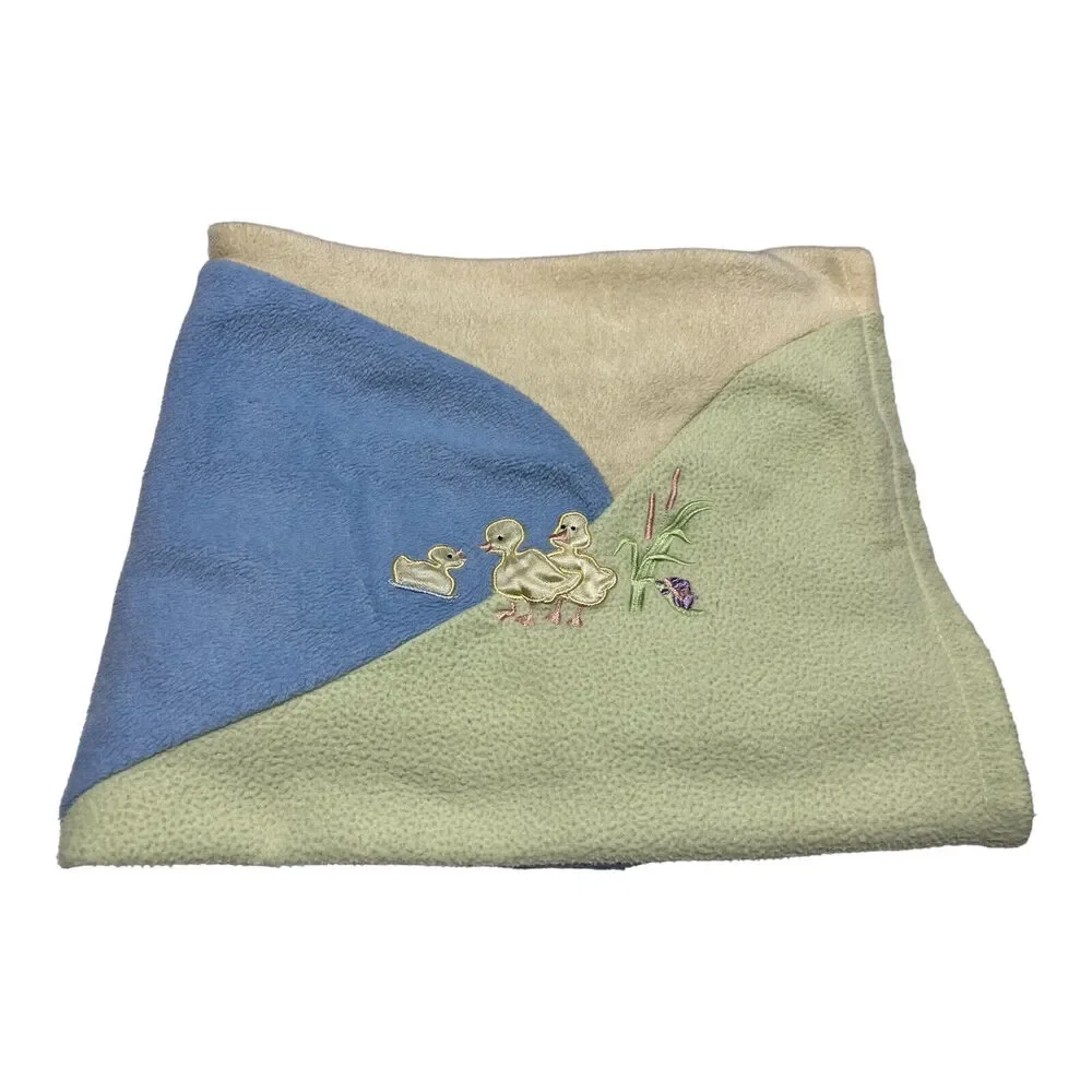 Yellow Green Blue Duck Appliqué Baby Blanket Fleece Vintage